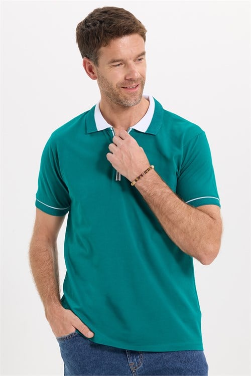 Erkek Slim Fit Dar Kesim %100 Pamuk Düz Pike Fermuarlı Yeşil Polo Yaka Tişört