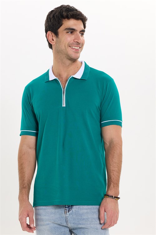 Erkek Slim Fit Dar Kesim %100 Pamuk Düz Pike Fermuarlı Yeşil Polo Yaka Tişört