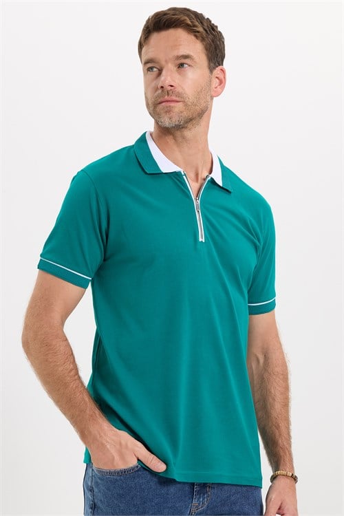 Erkek Slim Fit Dar Kesim %100 Pamuk Düz Pike Fermuarlı Yeşil Polo Yaka Tişört