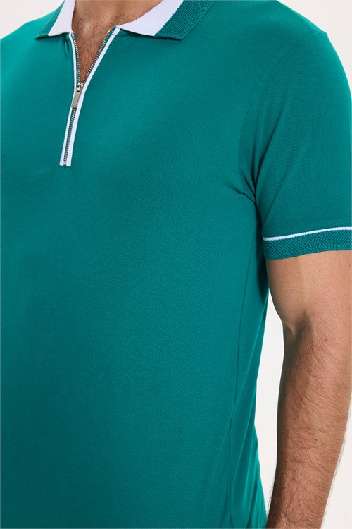 Erkek Slim Fit Dar Kesim %100 Pamuk Düz Pike Fermuarlı Yeşil Polo Yaka Tişört