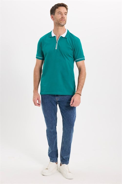Erkek Slim Fit Dar Kesim %100 Pamuk Düz Pike Fermuarlı Yeşil Polo Yaka Tişört