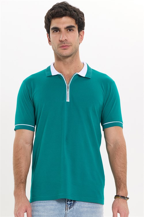 Erkek Slim Fit Dar Kesim %100 Pamuk Düz Pike Fermuarlı Yeşil Polo Yaka Tişört