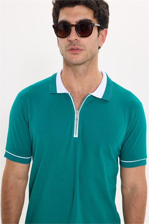 Erkek Slim Fit Dar Kesim %100 Pamuk Düz Pike Fermuarlı Yeşil Polo Yaka Tişört