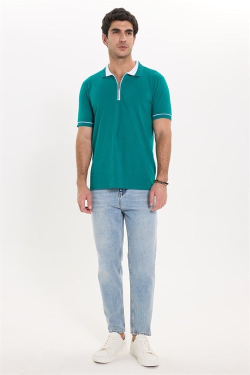 Erkek Slim Fit Dar Kesim %100 Pamuk Düz Pike Fermuarlı Yeşil Polo Yaka Tişört
