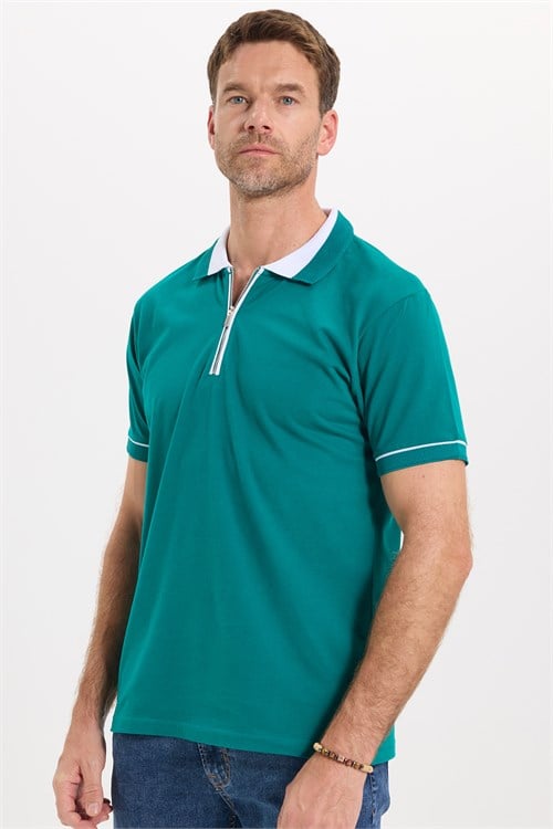 Erkek Slim Fit Dar Kesim %100 Pamuk Düz Pike Fermuarlı Yeşil Polo Yaka Tişört