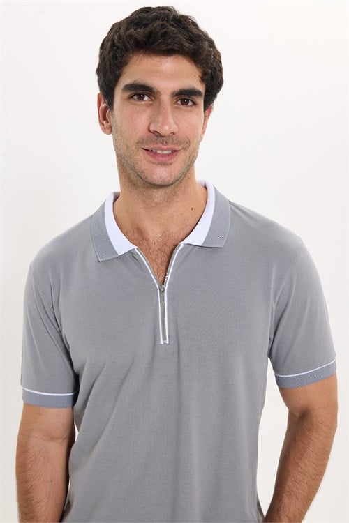 Erkek Slim Fit Dar Kesim %100 Pamuk Düz Pike Fermuarlı Gri Polo Yaka Tişört
