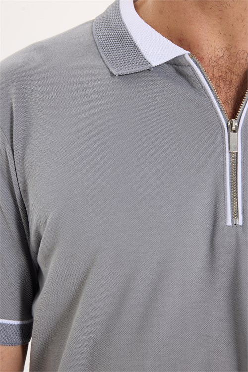 Erkek Slim Fit Dar Kesim %100 Pamuk Düz Pike Fermuarlı Gri Polo Yaka Tişört