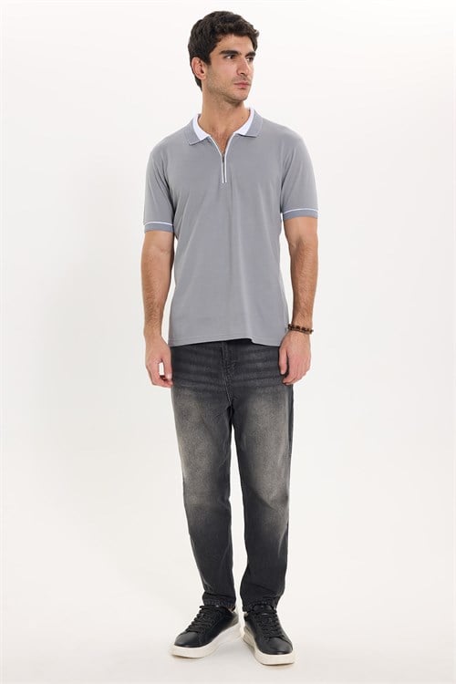 Erkek Slim Fit Dar Kesim %100 Pamuk Düz Pike Fermuarlı Gri Polo Yaka Tişört
