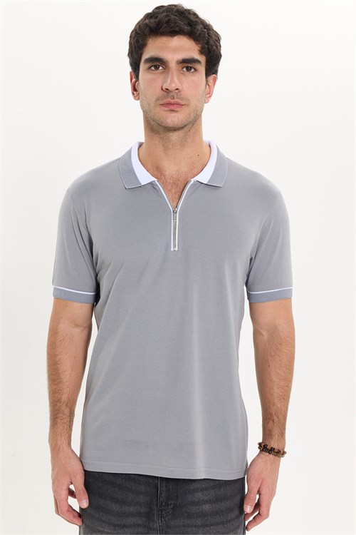 Erkek Slim Fit Dar Kesim %100 Pamuk Düz Pike Fermuarlı Gri Polo Yaka Tişört