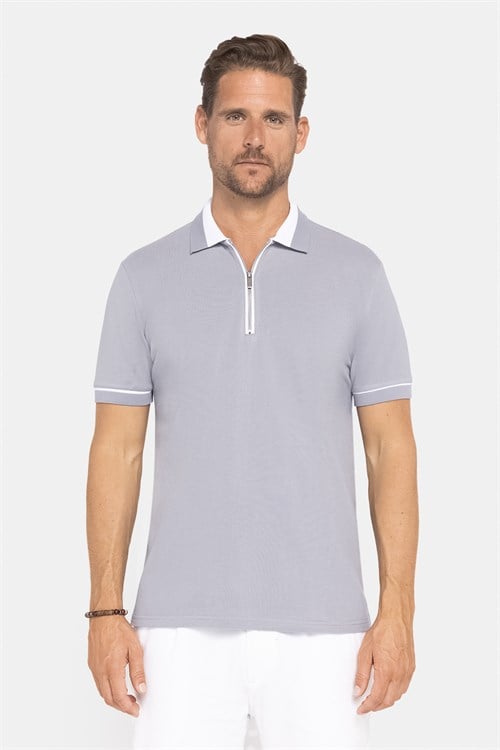 Erkek Slim Fit Dar Kesim %100 Pamuk Düz Pike Fermuarlı Gri Polo Yaka Tişört