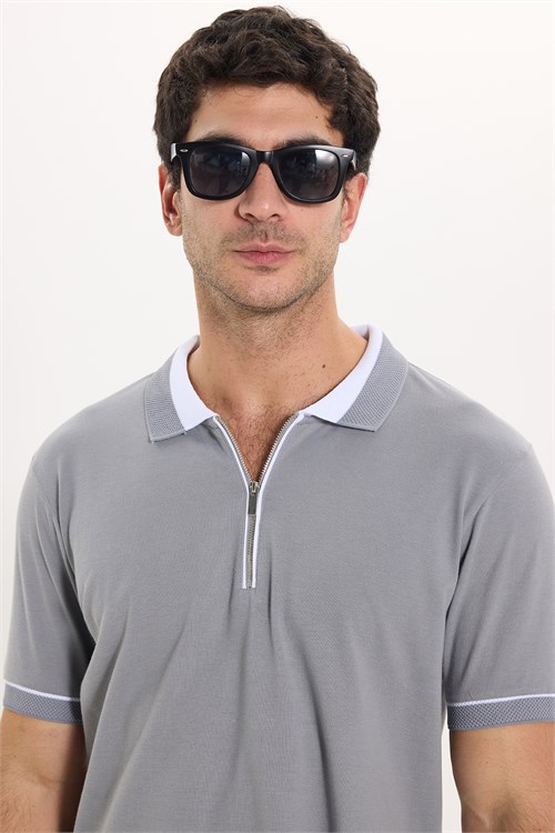 Erkek Slim Fit Dar Kesim %100 Pamuk Düz Pike Fermuarlı Gri Polo Yaka Tişört