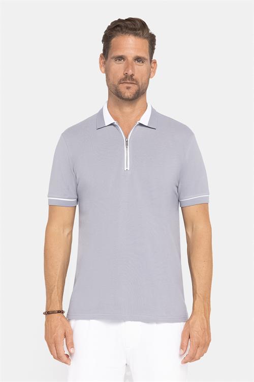 Erkek Slim Fit Dar Kesim %100 Pamuk Düz Pike Fermuarlı Gri Polo Yaka Tişört