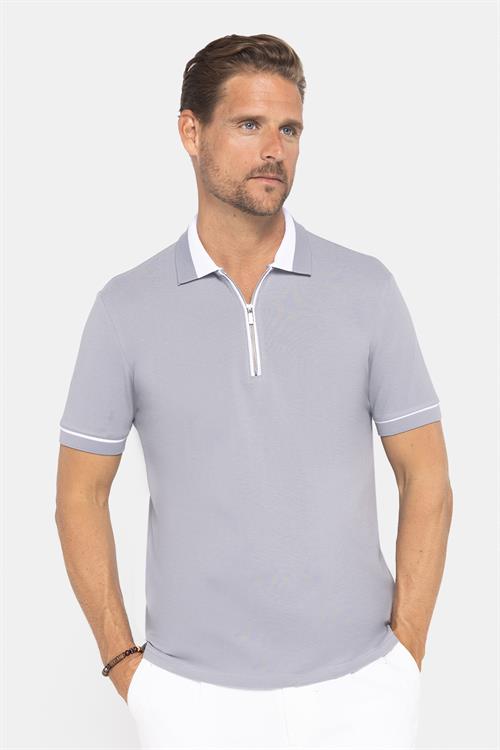 Erkek Slim Fit Dar Kesim %100 Pamuk Düz Pike Fermuarlı Gri Polo Yaka Tişört