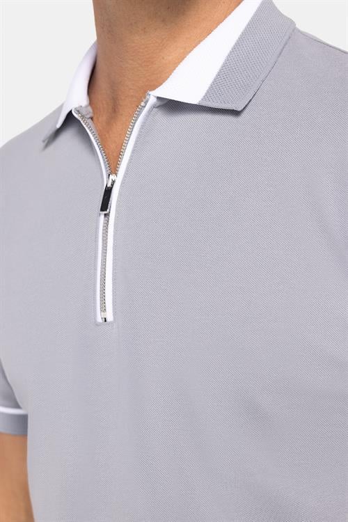 Erkek Slim Fit Dar Kesim %100 Pamuk Düz Pike Fermuarlı Gri Polo Yaka Tişört