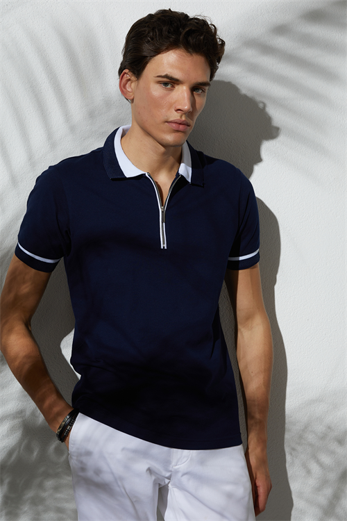 Erkek Slim Fit Dar Kesim %100 Pamuk Düz Pike Fermuarlı Lacivert Polo Yaka Tişört