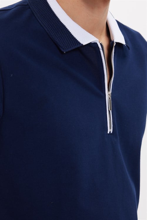 Erkek Slim Fit Dar Kesim %100 Pamuk Düz Pike Fermuarlı Lacivert Polo Yaka Tişört