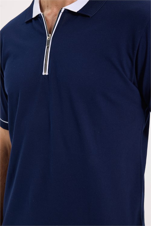 Erkek Slim Fit Dar Kesim %100 Pamuk Düz Pike Fermuarlı Lacivert Polo Yaka Tişört