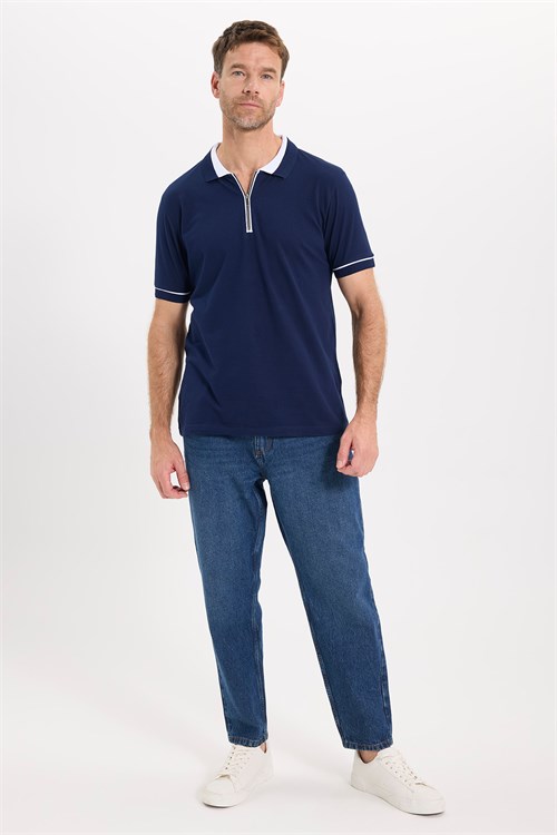 Erkek Slim Fit Dar Kesim %100 Pamuk Düz Pike Fermuarlı Lacivert Polo Yaka Tişört