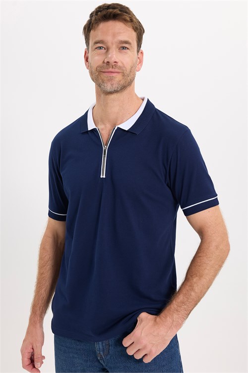 Erkek Slim Fit Dar Kesim %100 Pamuk Düz Pike Fermuarlı Lacivert Polo Yaka Tişört