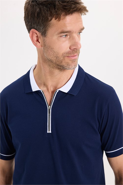 Erkek Slim Fit Dar Kesim %100 Pamuk Düz Pike Fermuarlı Lacivert Polo Yaka Tişört