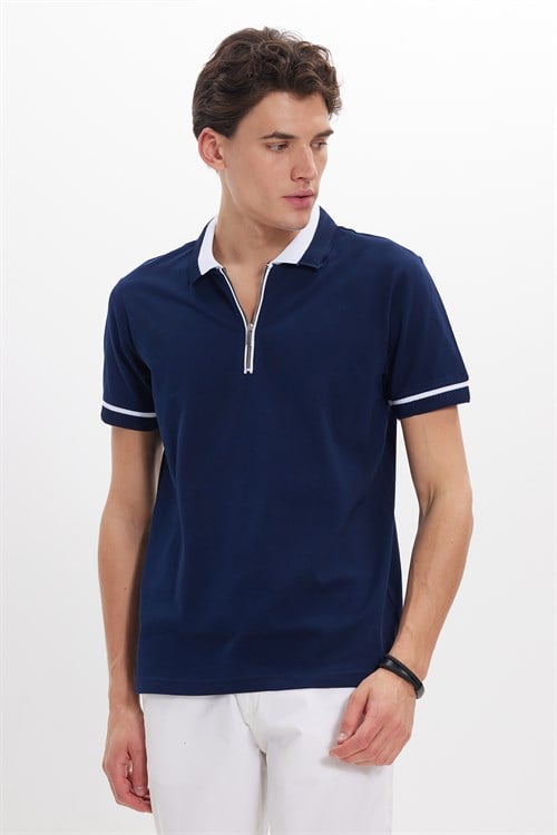 Erkek Slim Fit Dar Kesim %100 Pamuk Düz Pike Fermuarlı Lacivert Polo Yaka Tişört