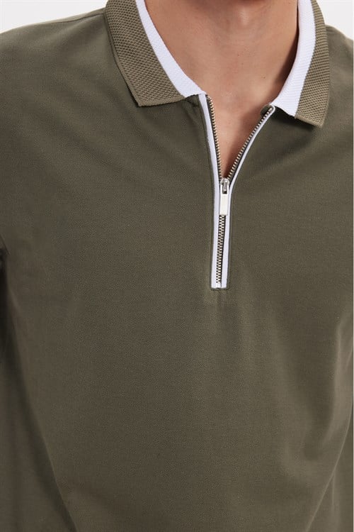 Erkek Slim Fit Dar Kesim %100 Pamuk Düz Pike Fermuarlı Haki Polo Yaka Tişört