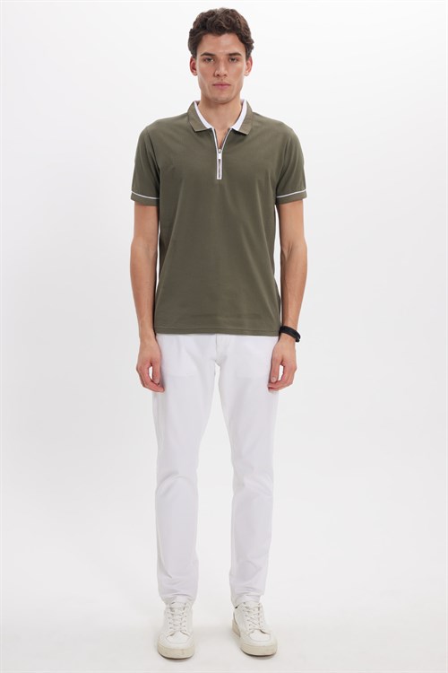 Erkek Slim Fit Dar Kesim %100 Pamuk Düz Pike Fermuarlı Haki Polo Yaka Tişört
