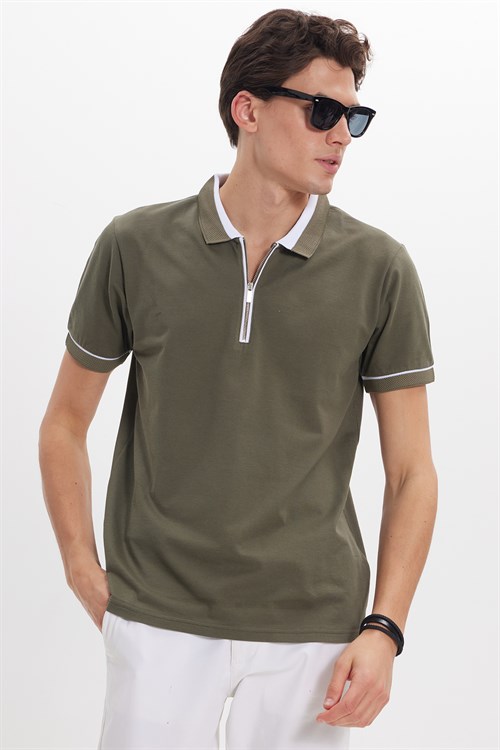 Erkek Slim Fit Dar Kesim %100 Pamuk Düz Pike Fermuarlı Haki Polo Yaka Tişört