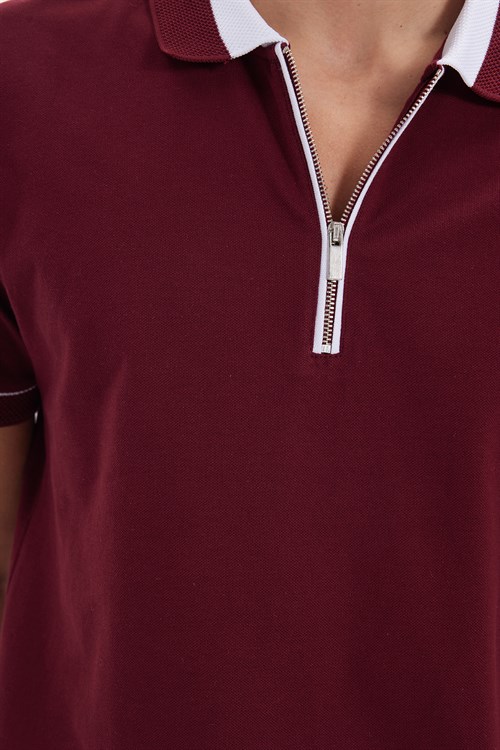 Erkek Slim Fit Dar Kesim %100 Pamuk Düz Pike Fermuarlı Bordo Polo Yaka Tişört