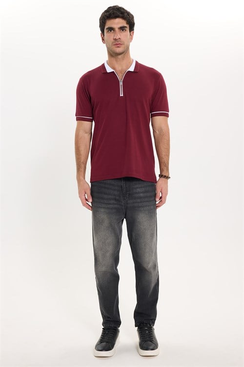 Erkek Slim Fit Dar Kesim %100 Pamuk Düz Pike Fermuarlı Bordo Polo Yaka Tişört