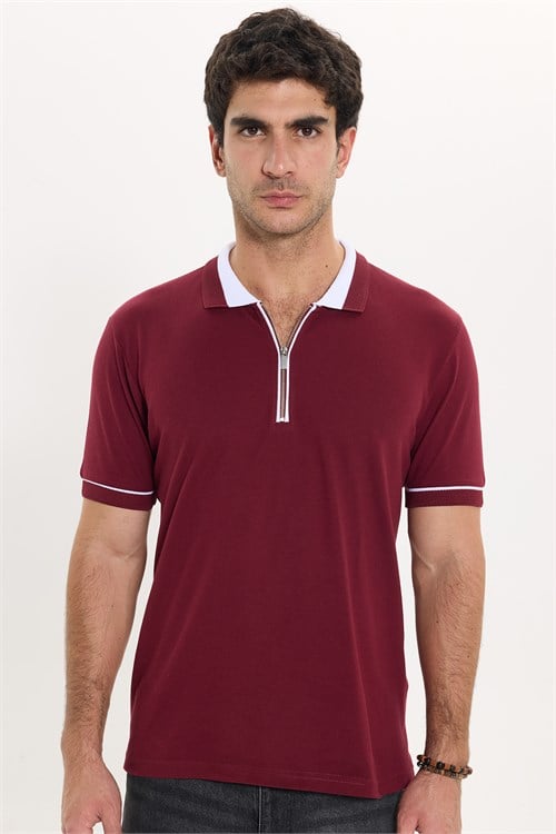 Erkek Slim Fit Dar Kesim %100 Pamuk Düz Pike Fermuarlı Bordo Polo Yaka Tişört