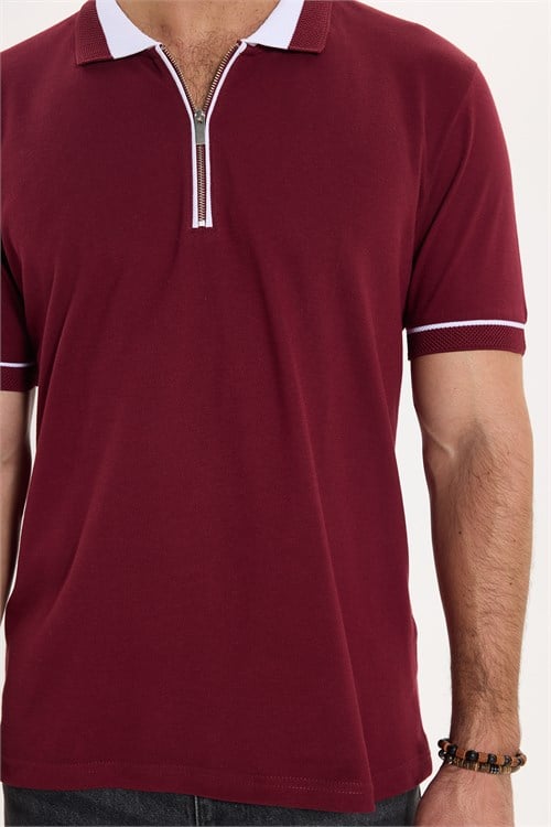 Erkek Slim Fit Dar Kesim %100 Pamuk Düz Pike Fermuarlı Bordo Polo Yaka Tişört