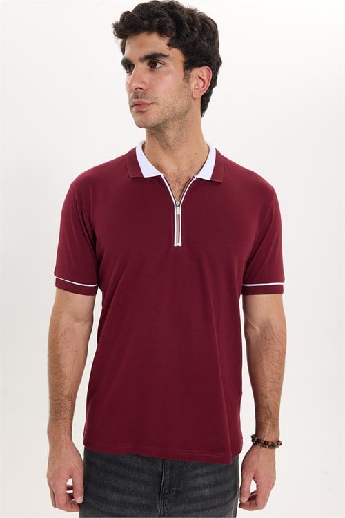 Erkek Slim Fit Dar Kesim %100 Pamuk Düz Pike Fermuarlı Bordo Polo Yaka Tişört