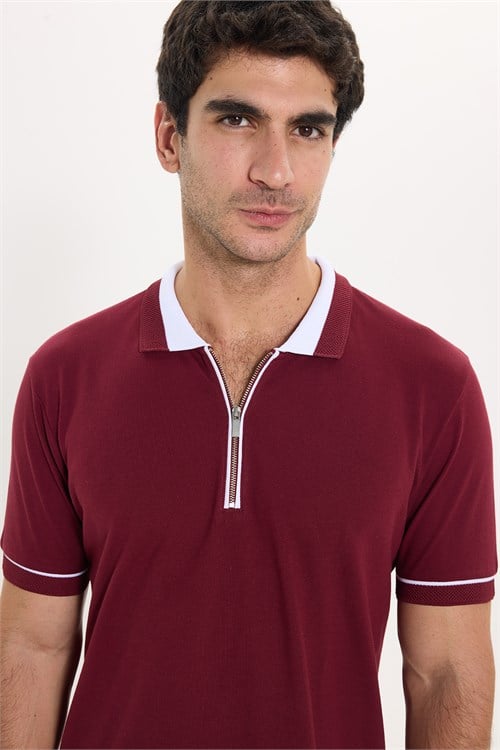 Erkek Slim Fit Dar Kesim %100 Pamuk Düz Pike Fermuarlı Bordo Polo Yaka Tişört
