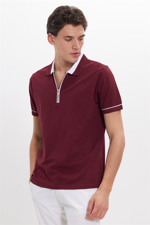 Erkek Slim Fit Dar Kesim %100 Pamuk Düz Pike Fermuarlı Bordo Polo Yaka Tişört