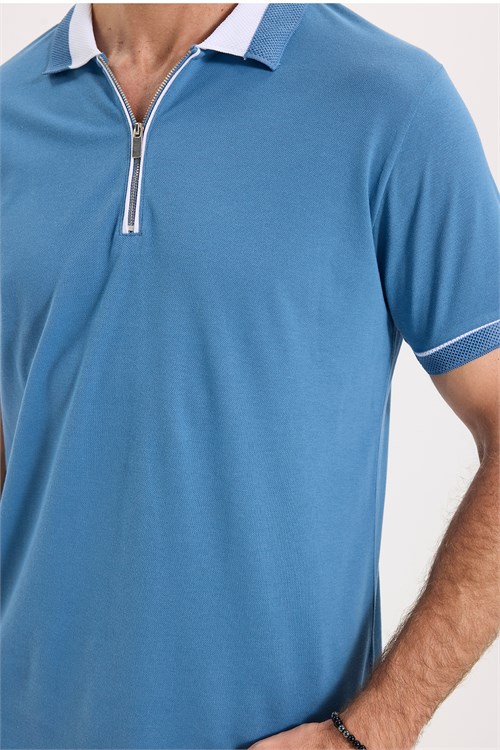 Erkek Slim Fit Dar Kesim %100 Pamuk Düz Pike Fermuarlı Mavi Polo Yaka Tişört
