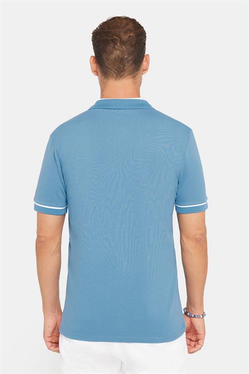 Erkek Slim Fit Dar Kesim %100 Pamuk Düz Pike Fermuarlı Mavi Polo Yaka Tişört