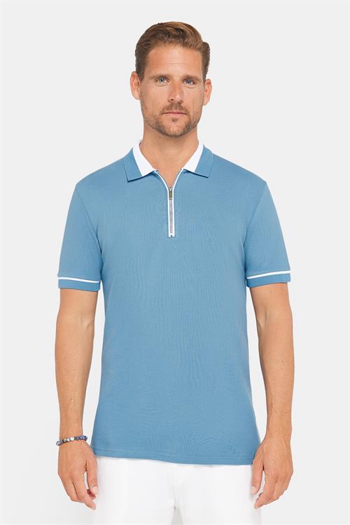 Erkek Slim Fit Dar Kesim %100 Pamuk Düz Pike Fermuarlı Mavi Polo Yaka Tişört