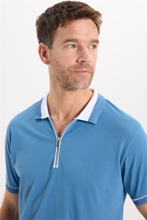 Erkek Slim Fit Dar Kesim %100 Pamuk Düz Pike Fermuarlı Mavi Polo Yaka Tişört