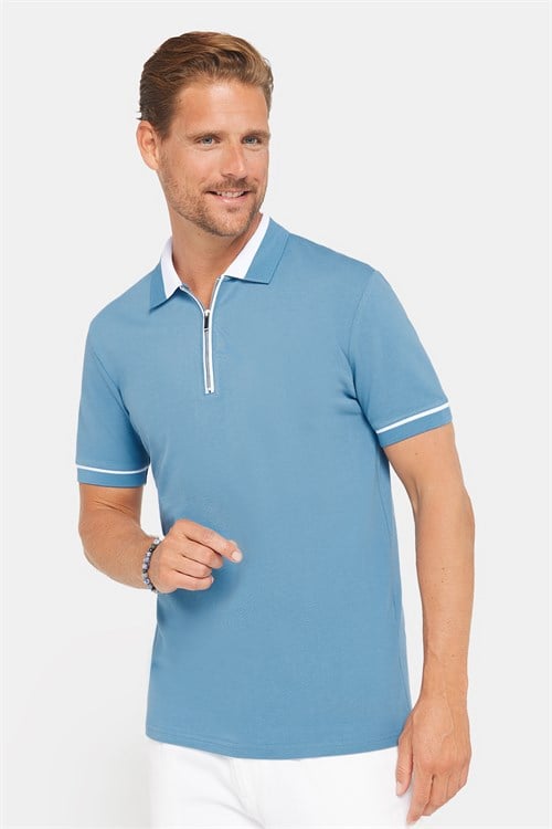 Erkek Slim Fit Dar Kesim %100 Pamuk Düz Pike Fermuarlı Mavi Polo Yaka Tişört