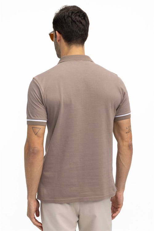 Erkek Slim Fit Dar Kesim %100 Pamuk Düz Pike Fermuarlı Kahverengi Polo Yaka Tişört