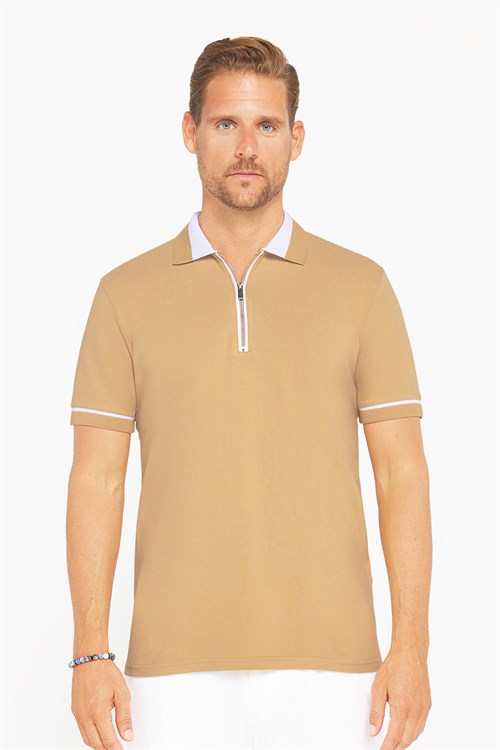 Erkek Slim Fit Dar Kesim %100 Pamuk Düz Pike Fermuarlı Kum Rengi Polo Yaka Tişört