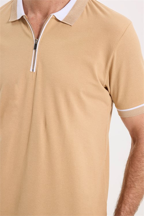 Erkek Slim Fit Dar Kesim %100 Pamuk Düz Pike Fermuarlı Kum Rengi Polo Yaka Tişört