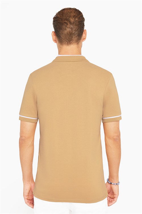 Erkek Slim Fit Dar Kesim %100 Pamuk Düz Pike Fermuarlı Kum Rengi Polo Yaka Tişört