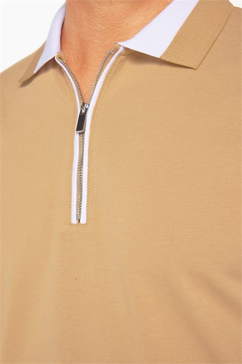 Erkek Slim Fit Dar Kesim %100 Pamuk Düz Pike Fermuarlı Kum Rengi Polo Yaka Tişört