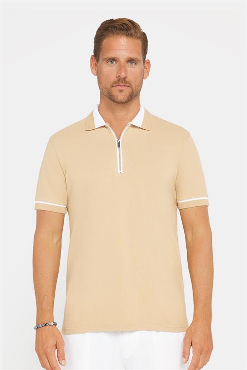 Erkek Slim Fit Dar Kesim %100 Pamuk Düz Pike Fermuarlı Kum Rengi Polo Yaka Tişört