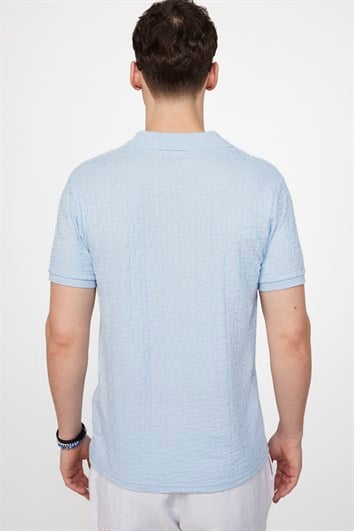 Erkek Slim Fit Dar Kesim Pamuklu Örme Mavi Polo V Yaka Tişört