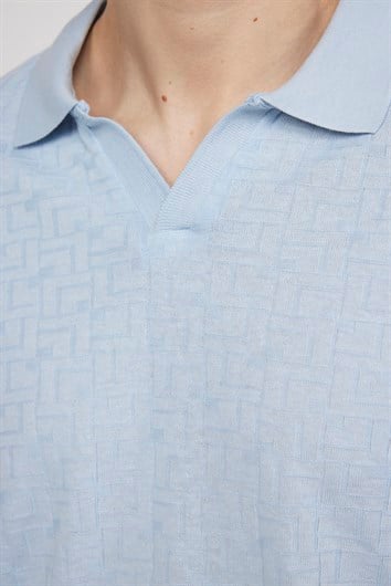 Erkek Slim Fit Dar Kesim Pamuklu Örme Mavi Polo V Yaka Tişört
