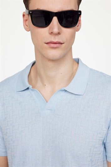 Erkek Slim Fit Dar Kesim Pamuklu Örme Mavi Polo V Yaka Tişört
