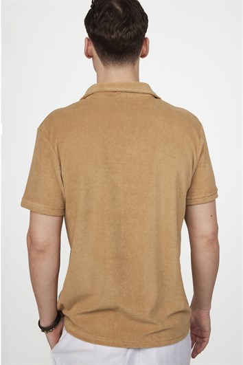 Erkek Slim Fit Dar Kesim Pamuklu Terrycloth Havlu Kumaş Bej Polo Yaka Tişört